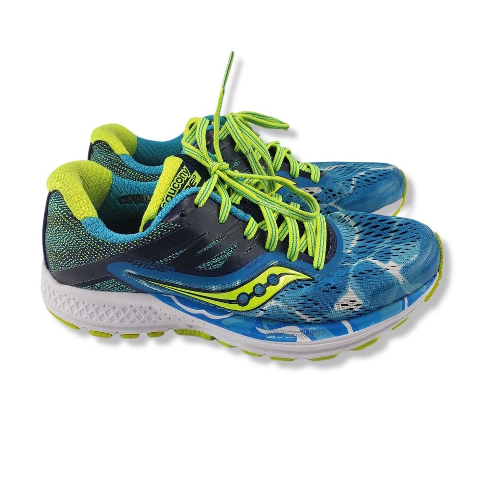 Saucony Womens Ride 10 Everun Size 5 Turquoise Blue and Lime Yellow
